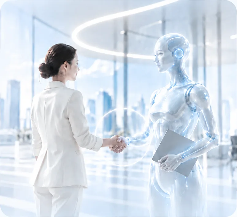 概念圖：明亮的現代企業空間中，一位企業工作者與透明材質的 AI 員工握手