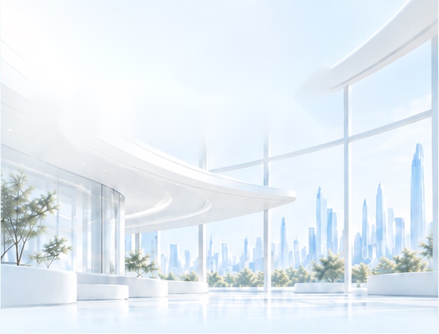 概念圖：明亮的現代企業大廳，弧形落地窗外是城市天際線